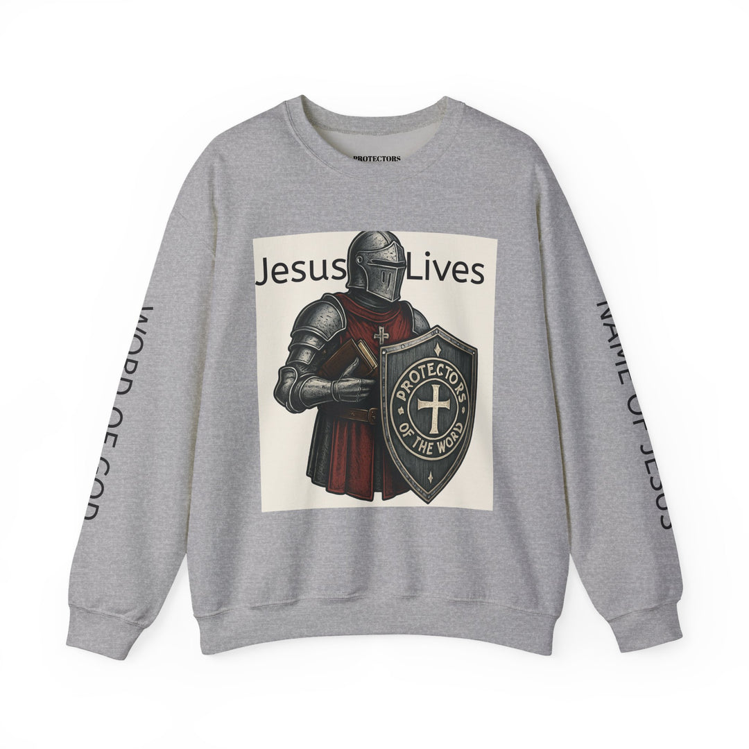 Knight Shield Crewneck Sweatshirt — "Protectors of the Word Jesus Lives"