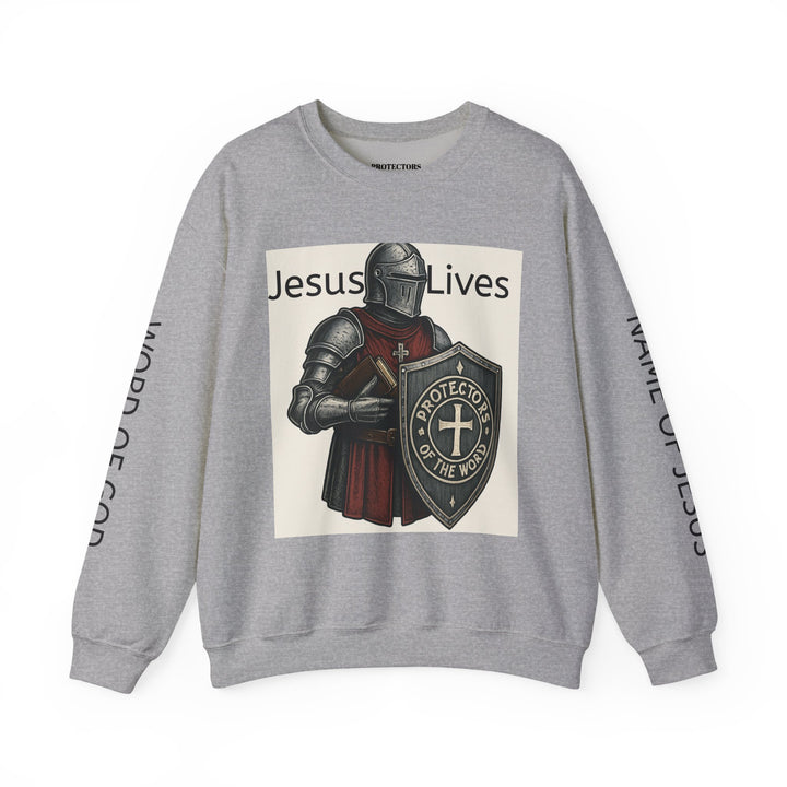 Knight Shield Crewneck Sweatshirt — "Protectors of the Word Jesus Lives"