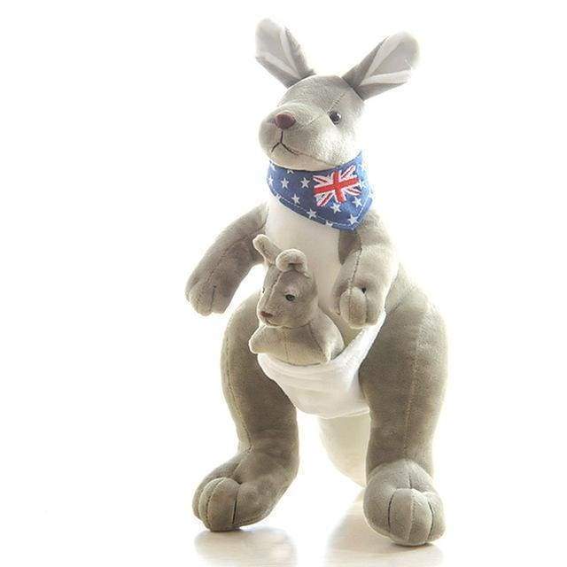 Plush kangaroo toy with a baby kangaroo and an Australian flag bandana on a white background.