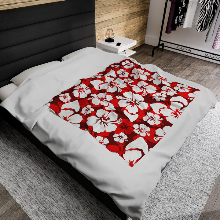 Red and White Hibiscus Velveteen Plush Blanket