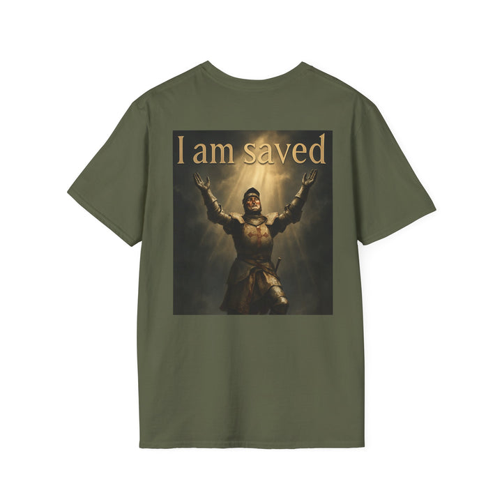 Christian Knight T-Shirt — "Through Christ Jesus" Front and "I Am Saved" Back