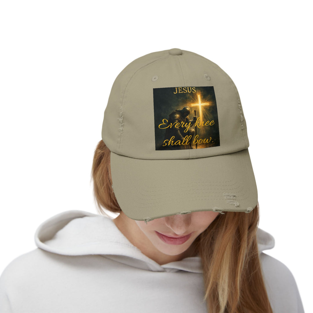 Jesus Cross Distressed Cap — "Every Knee Shall Bow" Christian Hat
