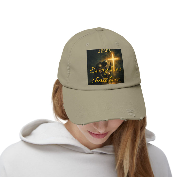 Jesus Cross Distressed Cap — "Every Knee Shall Bow" Christian Hat