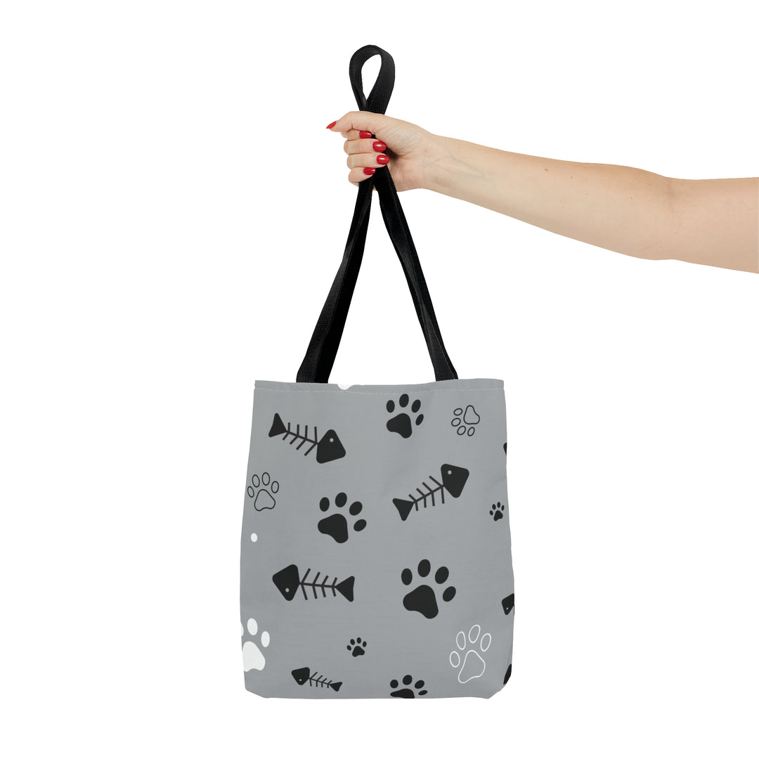 Paws and Fish Gray Pattern Tote Bag (AOP)