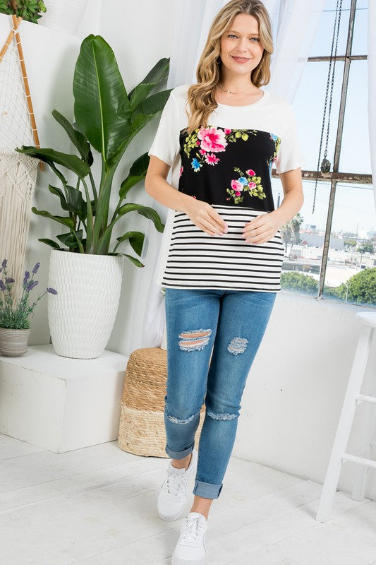 Plus Floral Stripe Mixed Top