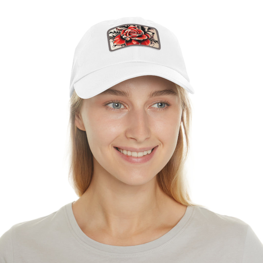 Rose Tattoo Style Dad Hat with Leather Patch (Rectangle)