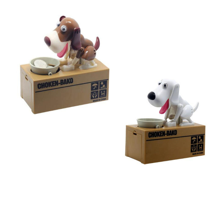 Two dog-shaped toys on cardboard boxes.