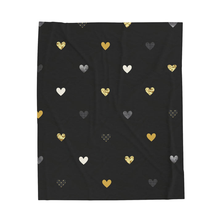 Golden Texture Hearts on Black Velveteen Plush Blanket
