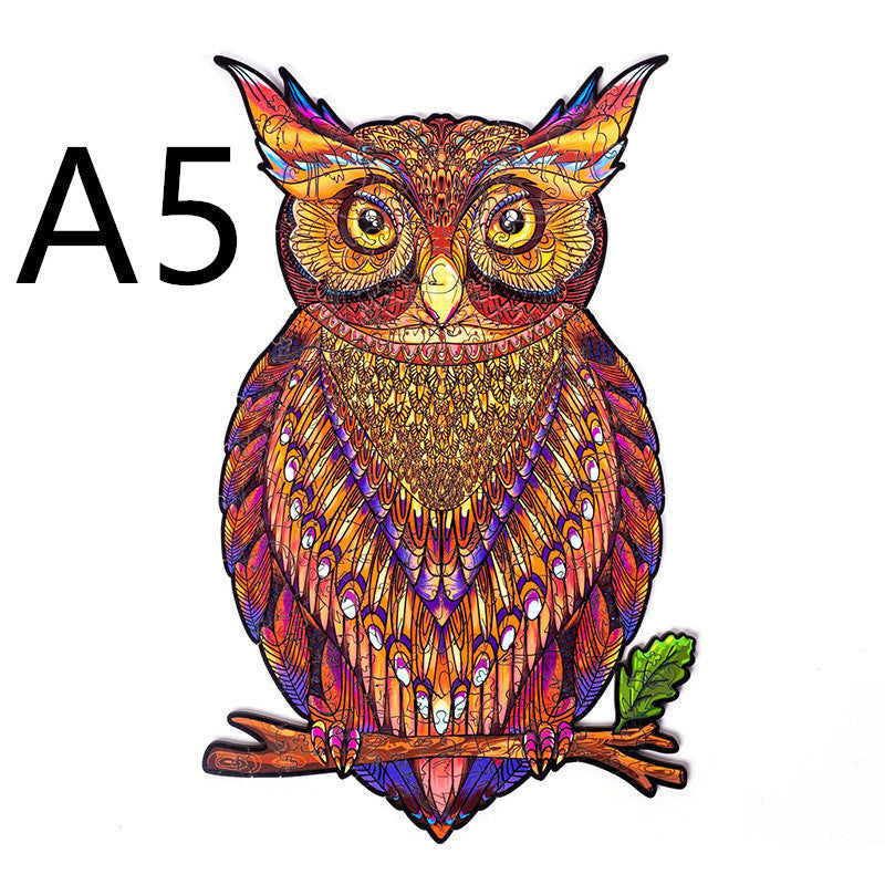 Colorful owl design on a white background with A5 text.