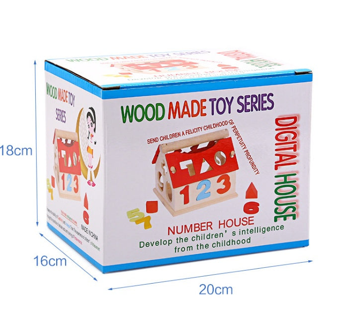 Box of a wooden toy house with educational elements, labeled Wood Made Toy Series.
