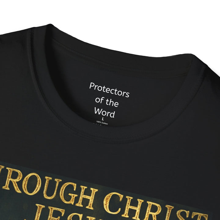 Christian Knight T-Shirt — "Through Christ Jesus" Front and "I Am Saved" Back