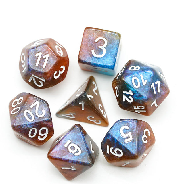 Brown & Blue w/white Galaxy Glitter 7-Dice Set RPG