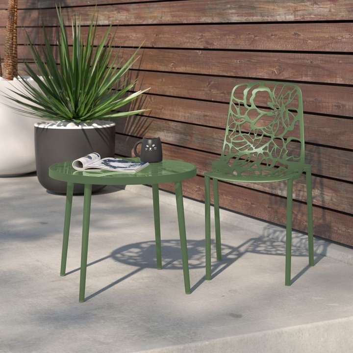 LeisureMod Modern Devon Aluminum Chair Khaki Green at Table.