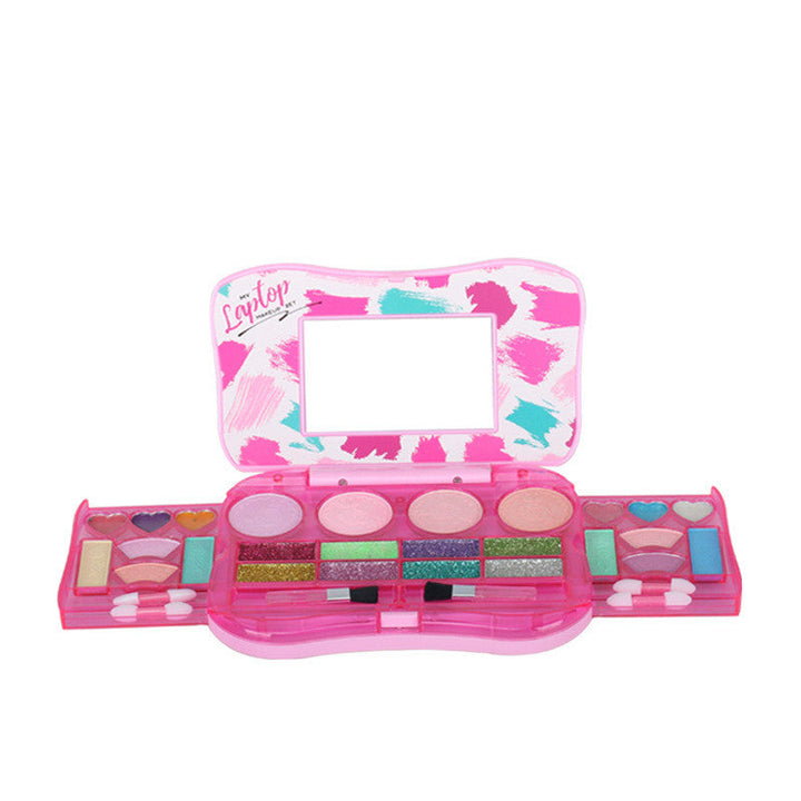 Makeup palette with colorful shades and a mirror on a white background.
