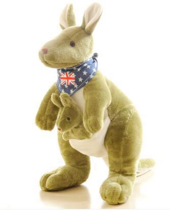 Plush kangaroo toy with a Union Jack bandana on a white background.