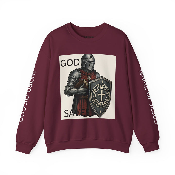 Knight Shield Crewneck Sweatshirt — "Protectors of the Word" Christian Armor Design