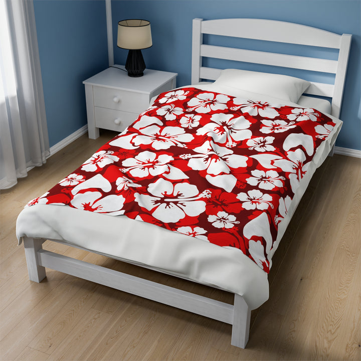 Red and White Hibiscus Velveteen Plush Blanket