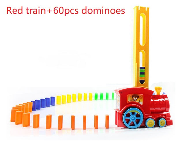 Red train with 60 dominoes on a white background.