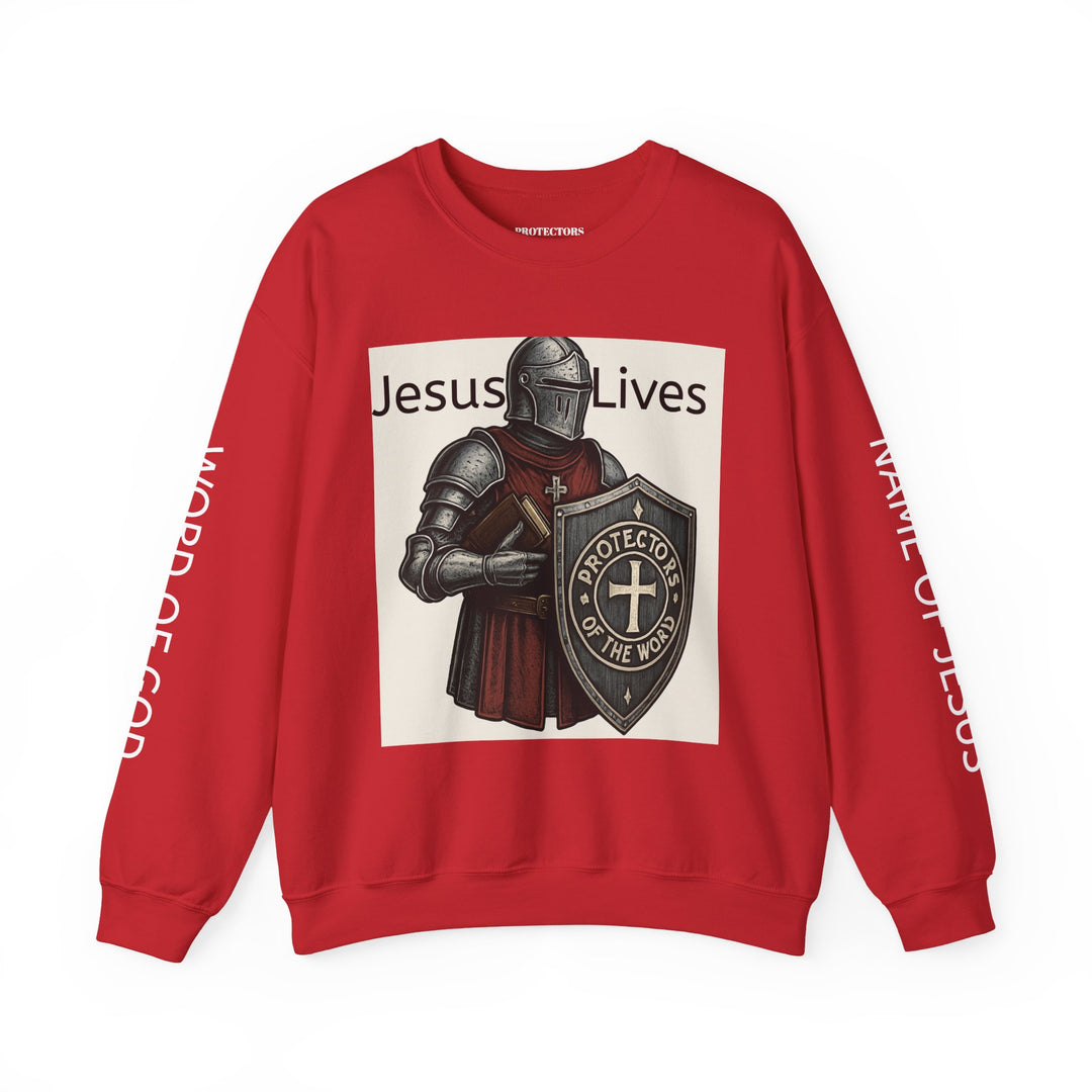 Knight Shield Crewneck Sweatshirt — "Protectors of the Word Jesus Lives"