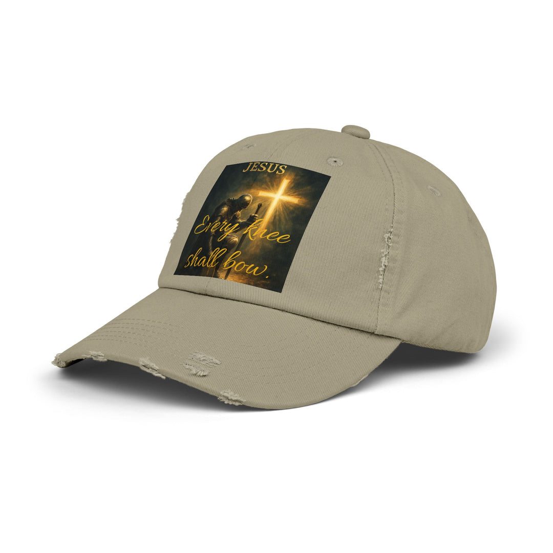 Jesus Cross Distressed Cap — "Every Knee Shall Bow" Christian Hat