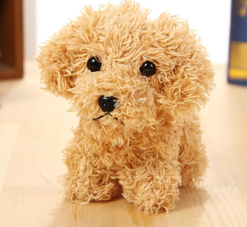 Plush toy dog with a blurred background.