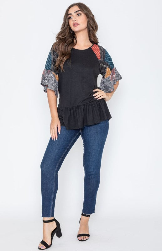 Patchwork Ruffle Sleeve Tunic