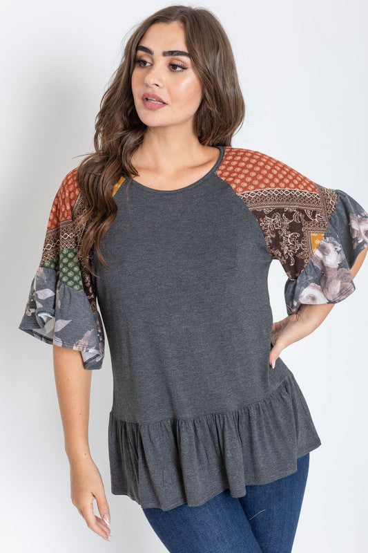 Patchwork Ruffle Sleeve Tunic