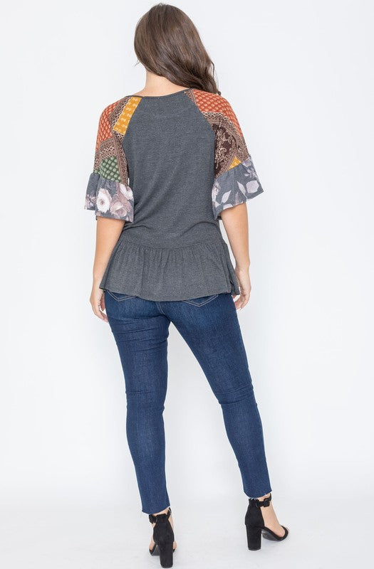 Patchwork Ruffle Sleeve Tunic