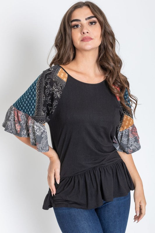 Patchwork Ruffle Sleeve Tunic