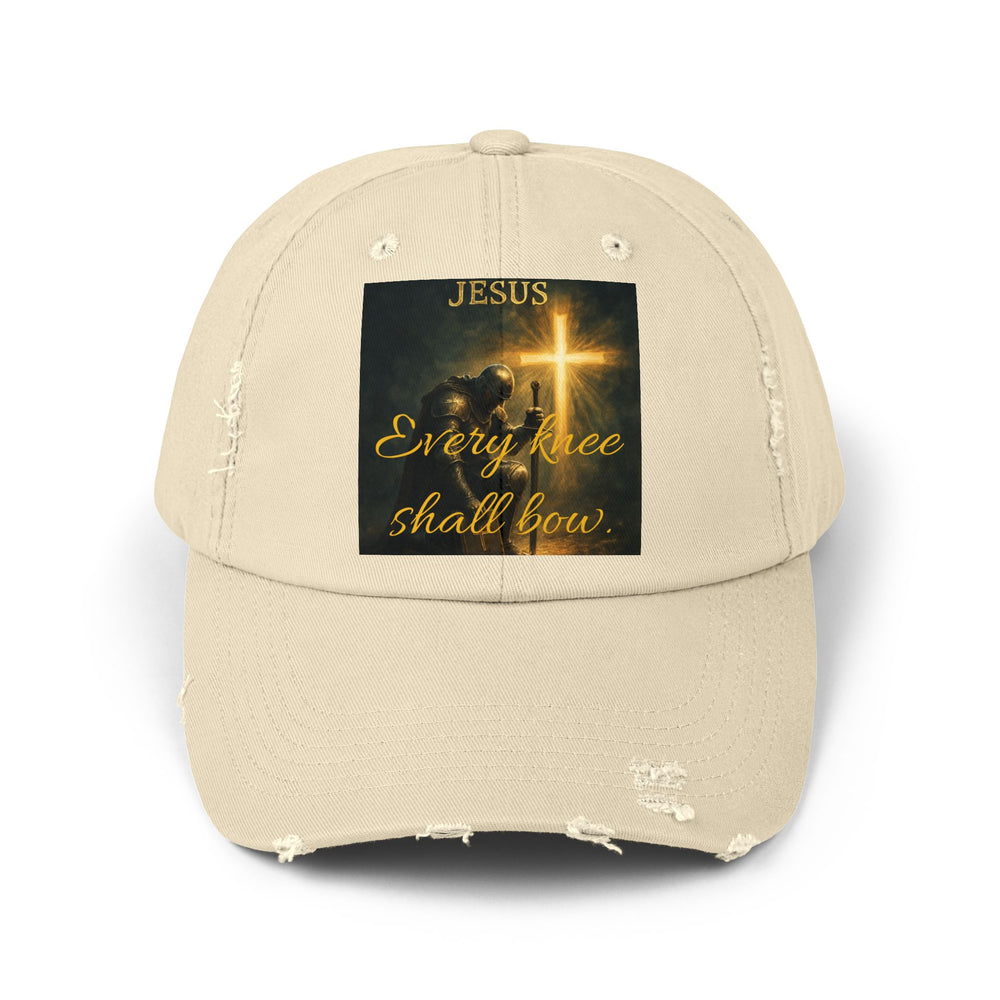 Jesus Cross Distressed Cap — "Every Knee Shall Bow" Christian Hat