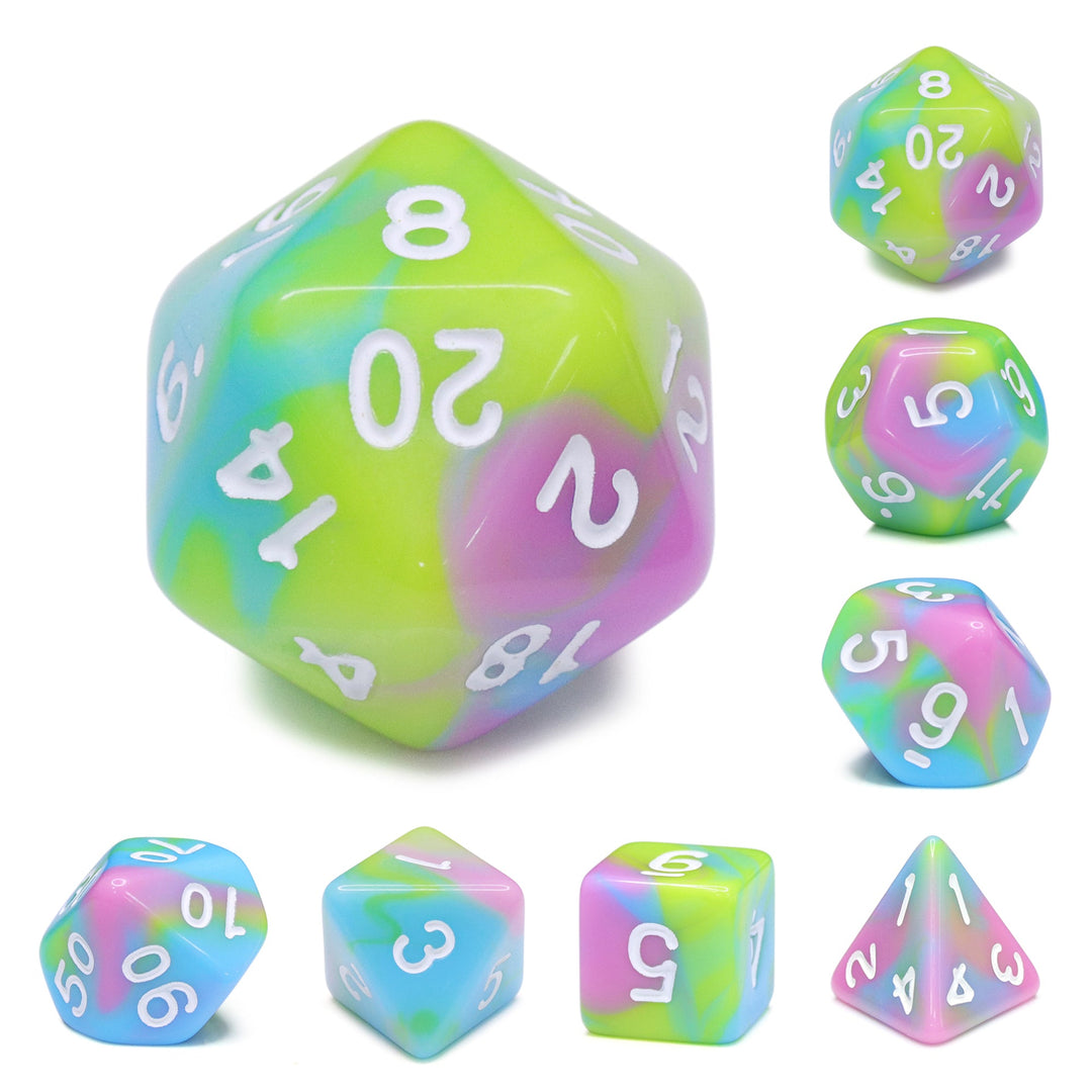 Childhood Pink/Blue/Green/Yellow Blend with White Numbering 7-Dice Set RPG