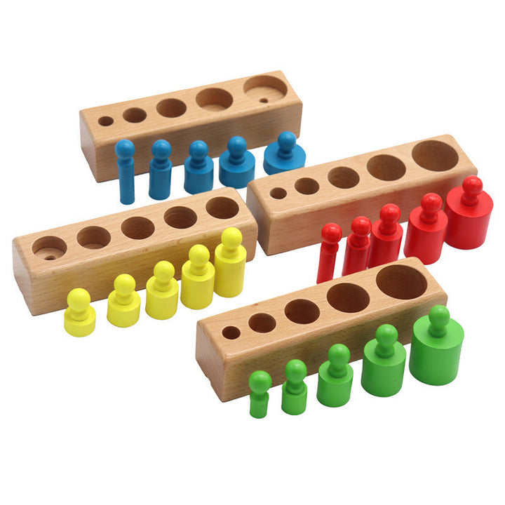 Set of wooden pegs with colorful tops on a white background.
