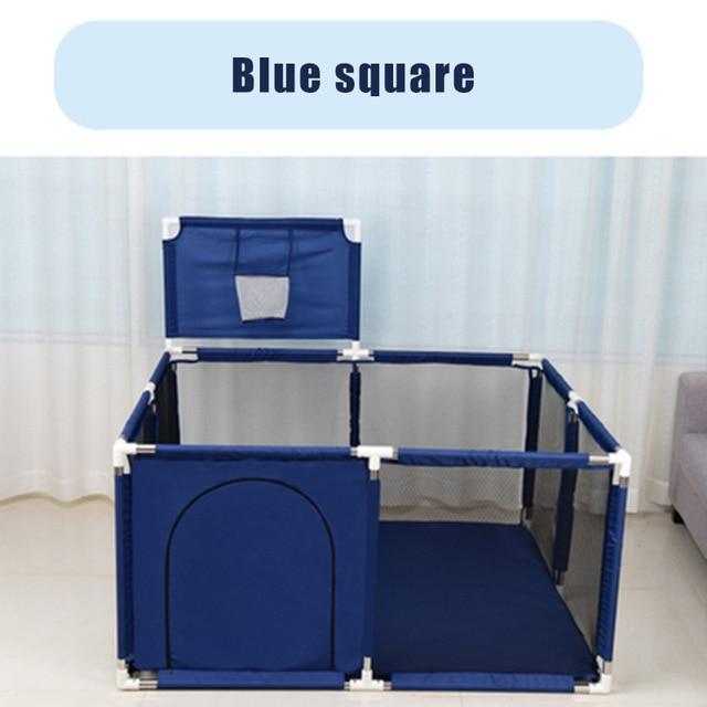 Blue pet playpen with a blue square label in a room setting..