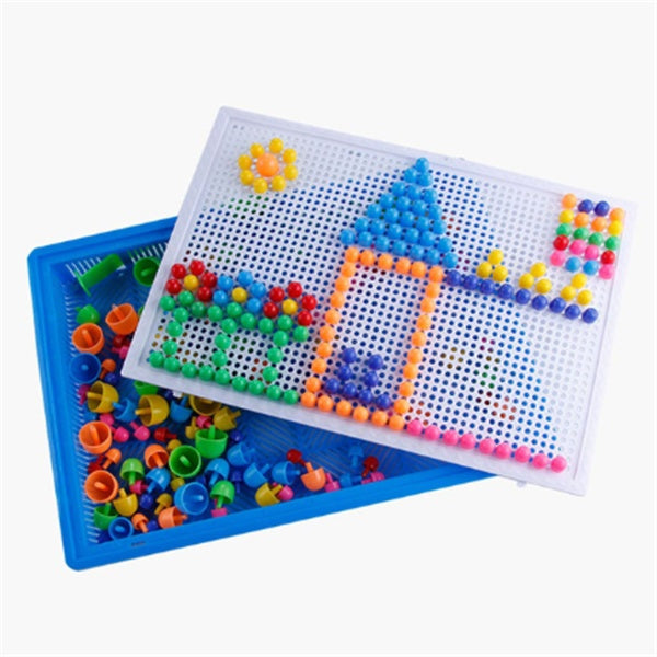 Colorful building block set with a castle design on a white background.