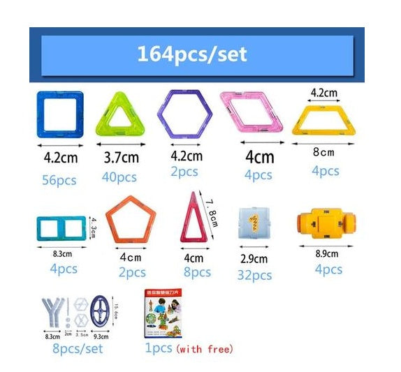 Set of geometric shape building blocks with dimensions and quantity information.