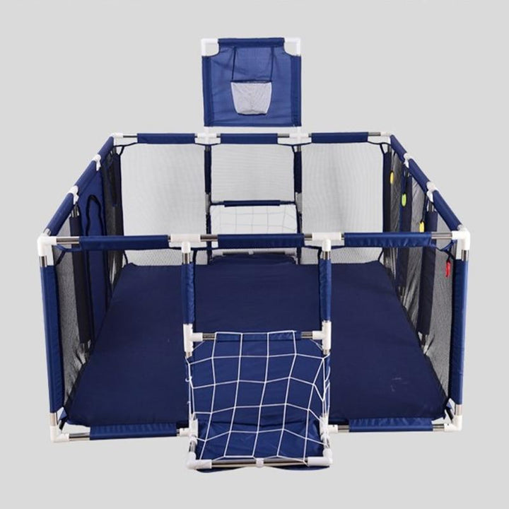 Blue playpen with mesh sides on a gray background.