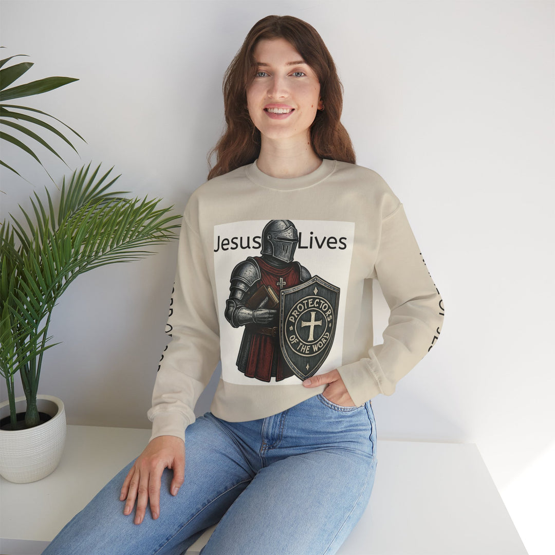 Knight Shield Crewneck Sweatshirt — "Protectors of the Word Jesus Lives"