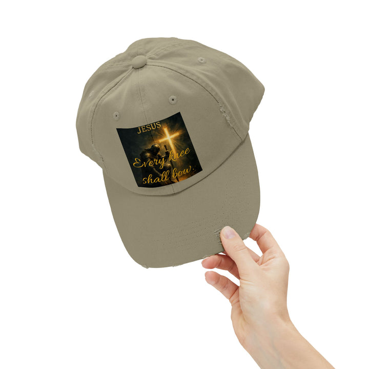 Jesus Cross Distressed Cap — "Every Knee Shall Bow" Christian Hat