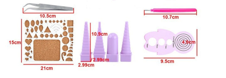 Set of cake decorating tools with measurements on a white background.
