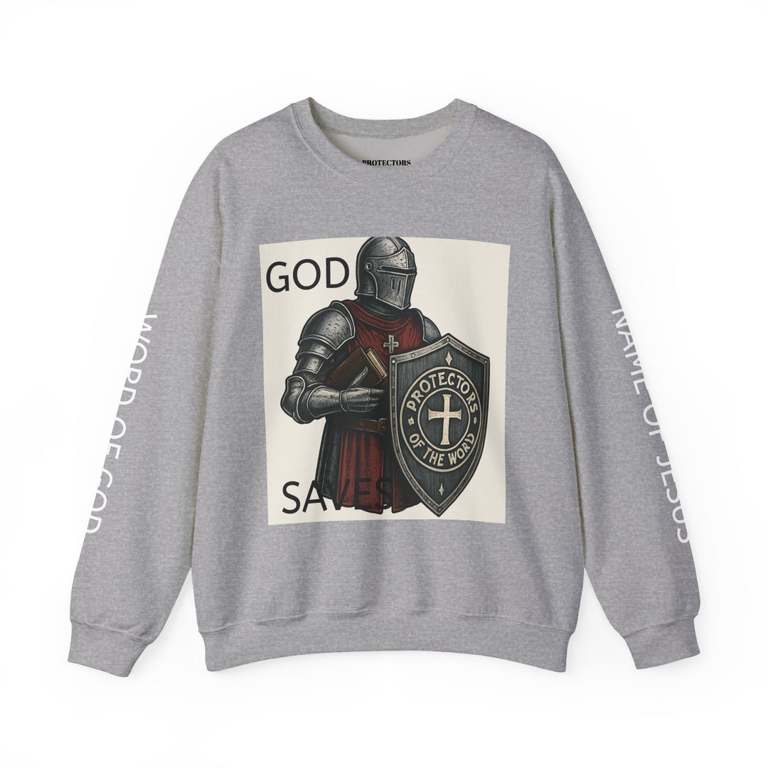 Knight Shield Crewneck Sweatshirt — "Protectors of the Word" Christian Armor Design