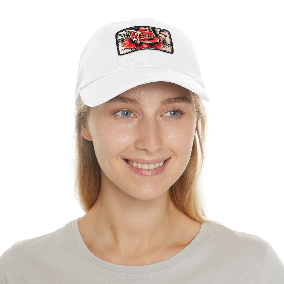 Rose Tattoo Style Dad Hat with Leather Patch (Rectangle)