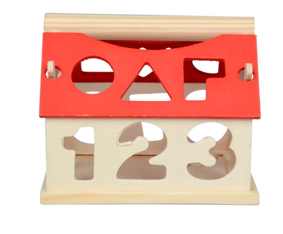 Wooden number puzzle with red top and beige base on a white background.