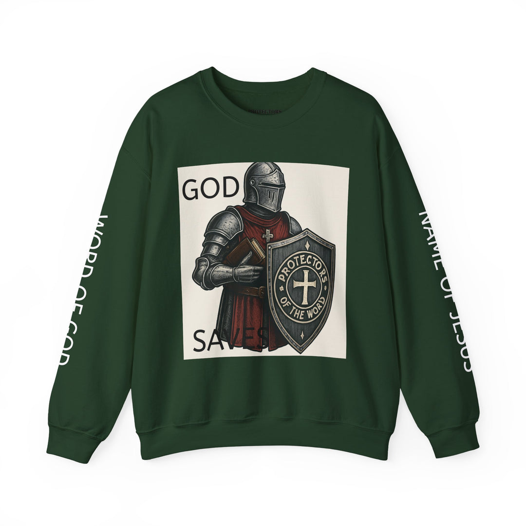 Knight Shield Crewneck Sweatshirt — "Protectors of the Word" Christian Armor Design
