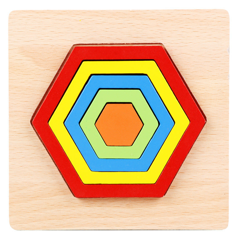 Colorful hexagonal puzzle on a wooden base.