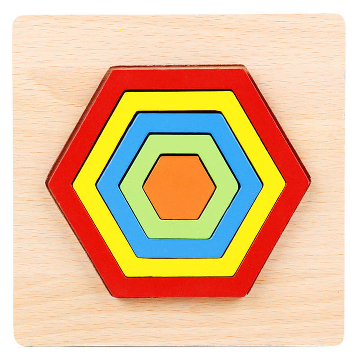 Colorful hexagonal puzzle on a wooden base.