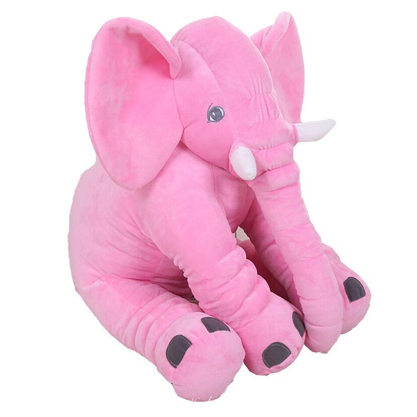 Pink plush elephant toy on a white background.