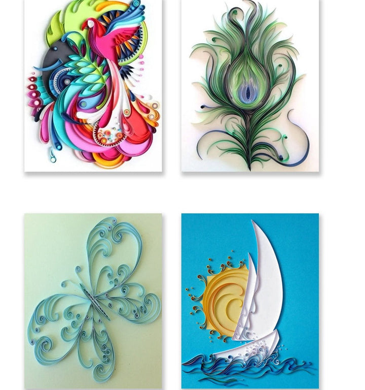Four colorful artistic designs on a white background.