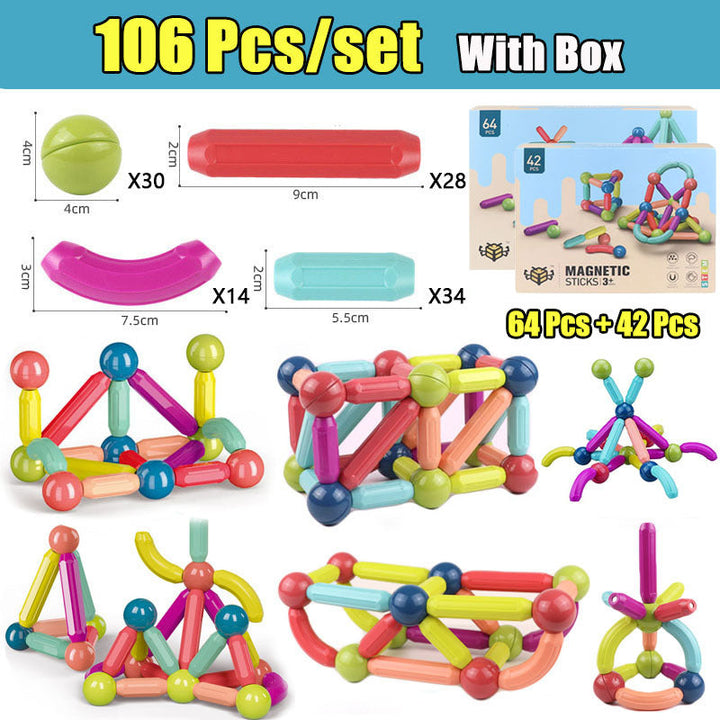 Colorful magnetic building sticks set with packaging, showing pieces and structures, and text indicating quantity and box inclusion.