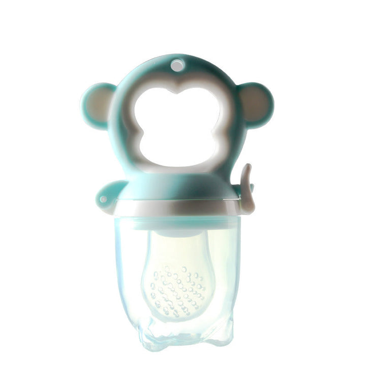 Teal monkey-shaped fruit feeder on a white background.