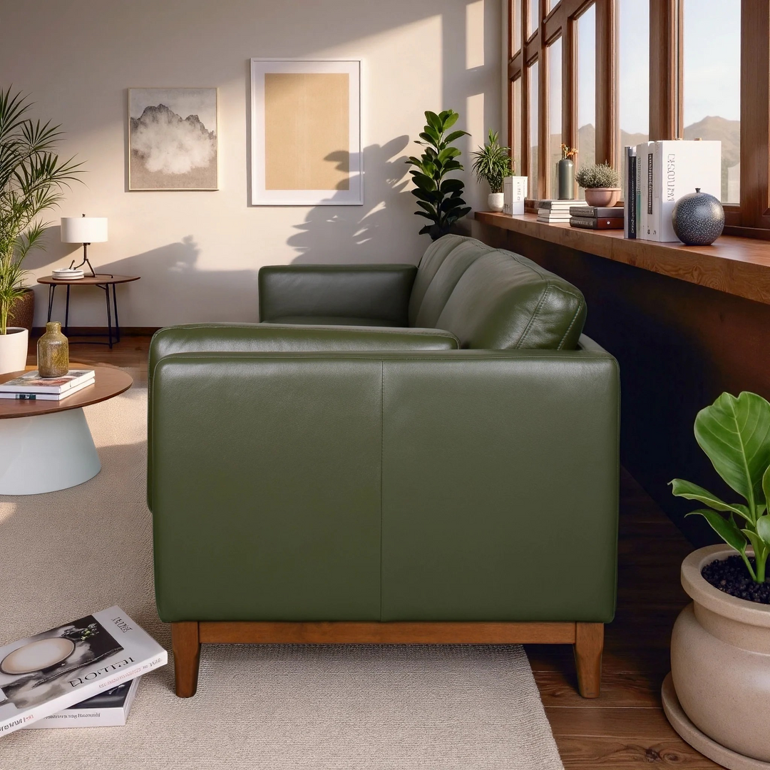 Raleigh Sustainable FSC Wood 3-Seater Top Grain Leather Sofa Side View.